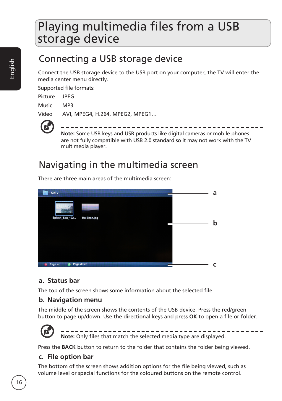 Playing multimedia files from a usb storage device, Connecting a usb storage device, Navigating in the multimedia screen | Acer AT2617MF User Manual | Page 16 / 36