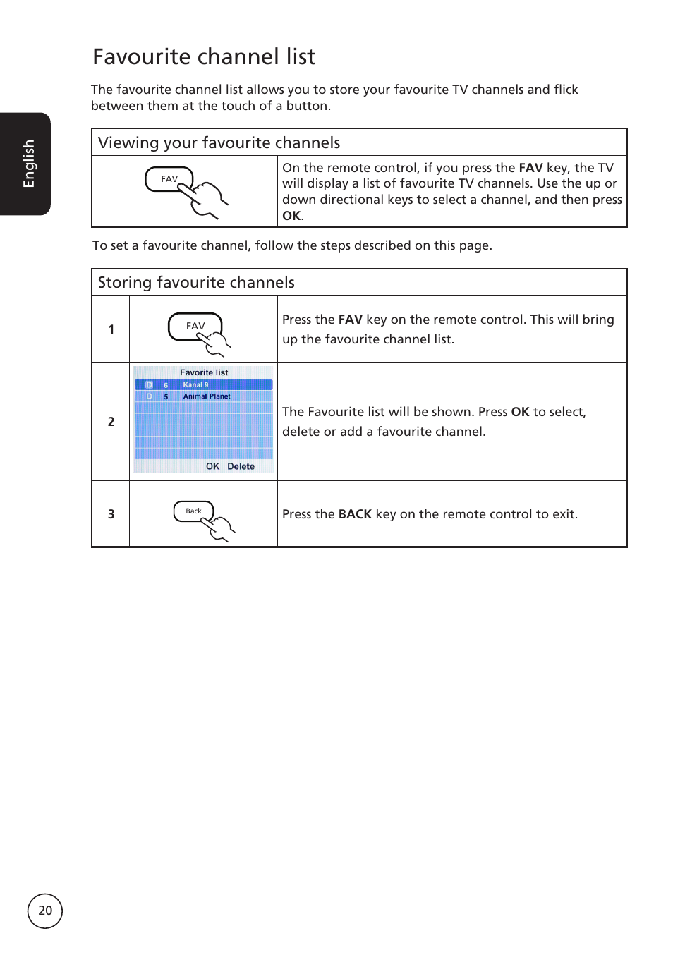 Favourite channel list, Viewing your favourite channels, Storing favourite channels | Acer AT2617MF User Manual | Page 20 / 36