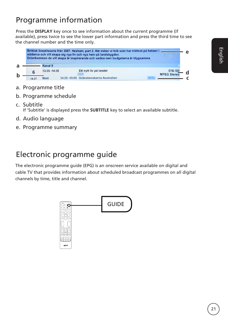 Electronic programme guide, Programme information | Acer AT2617MF User Manual | Page 21 / 36