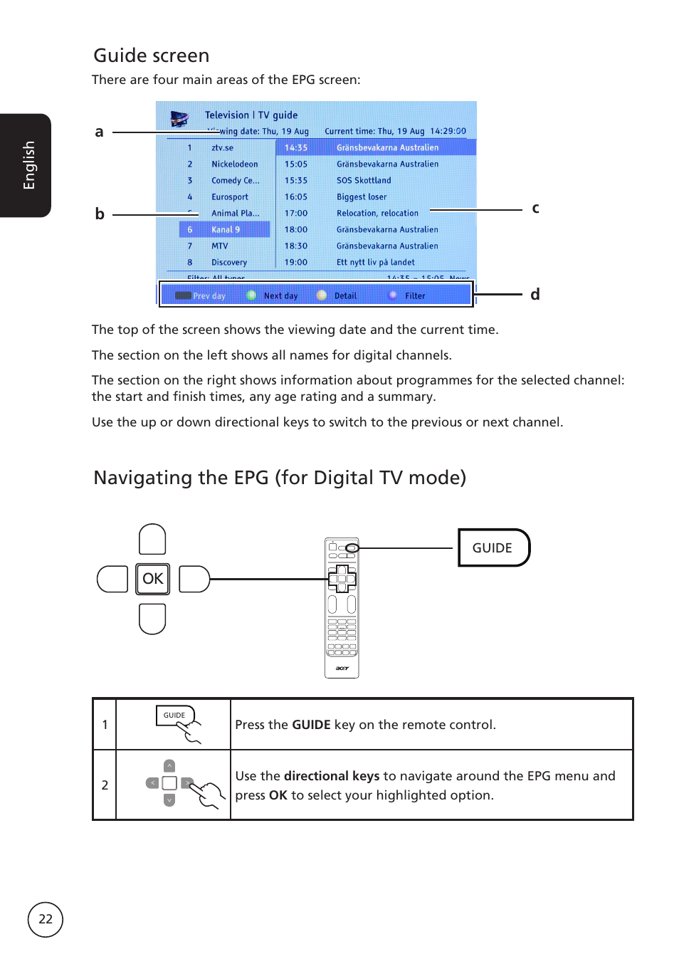 Guide screen, Navigating the epg (for digital tv mode) | Acer AT2617MF User Manual | Page 22 / 36