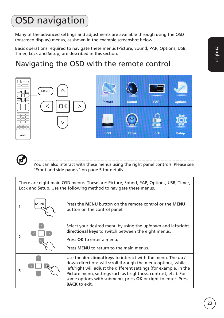 Osd navigation, Navigating the osd with the remote control | Acer AT2617MF User Manual | Page 23 / 36