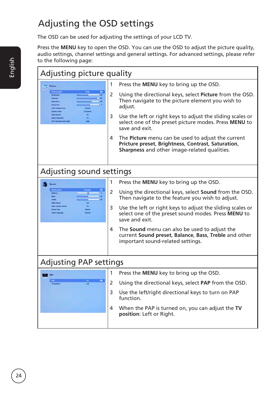 Adjusting the osd settings, Adjusting picture quality, Adjusting sound settings | Adjusting pap settings | Acer AT2617MF User Manual | Page 24 / 36
