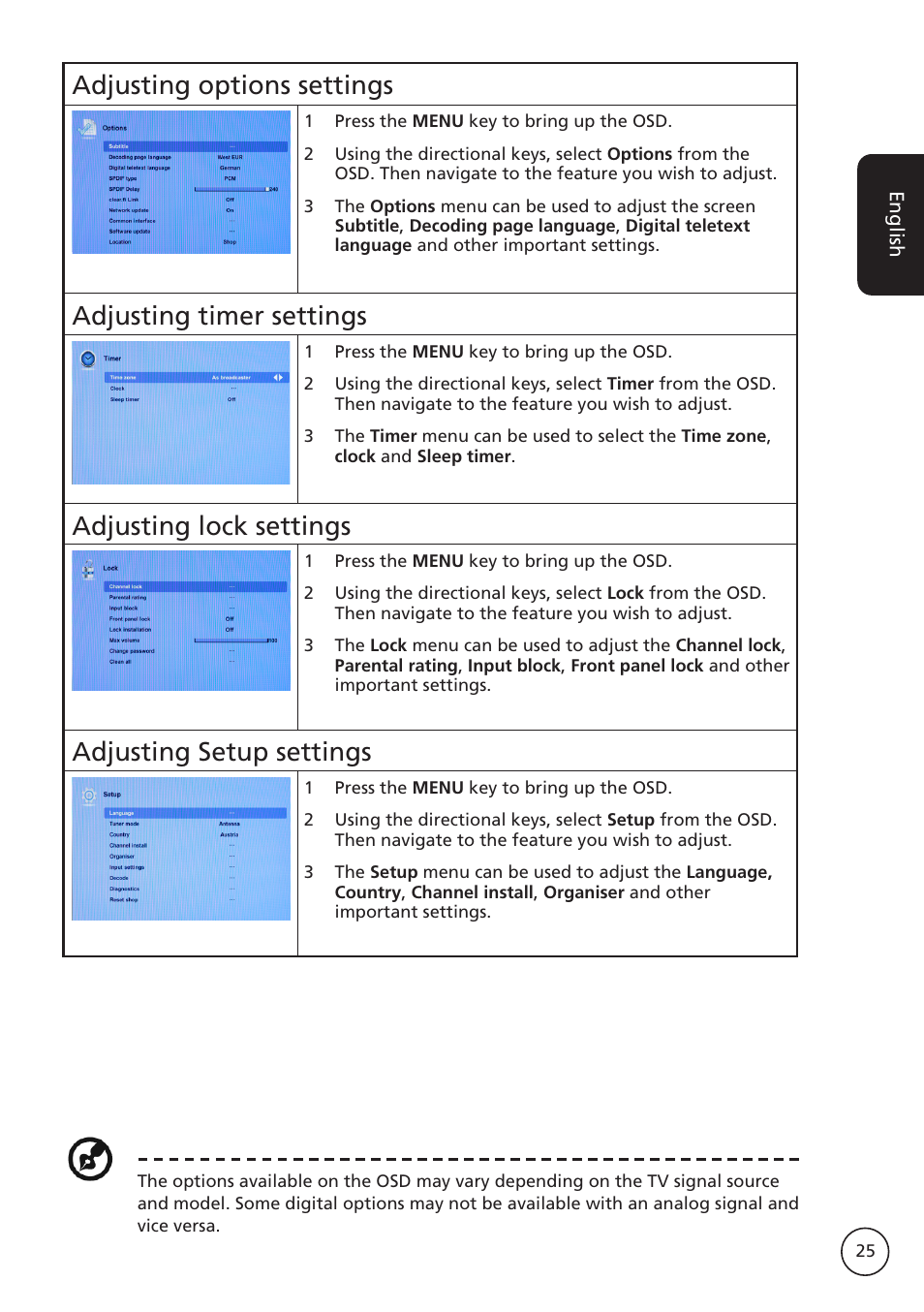 Adjusting options settings, Adjusting timer settings, Adjusting lock settings | Adjusting setup settings | Acer AT2617MF User Manual | Page 25 / 36