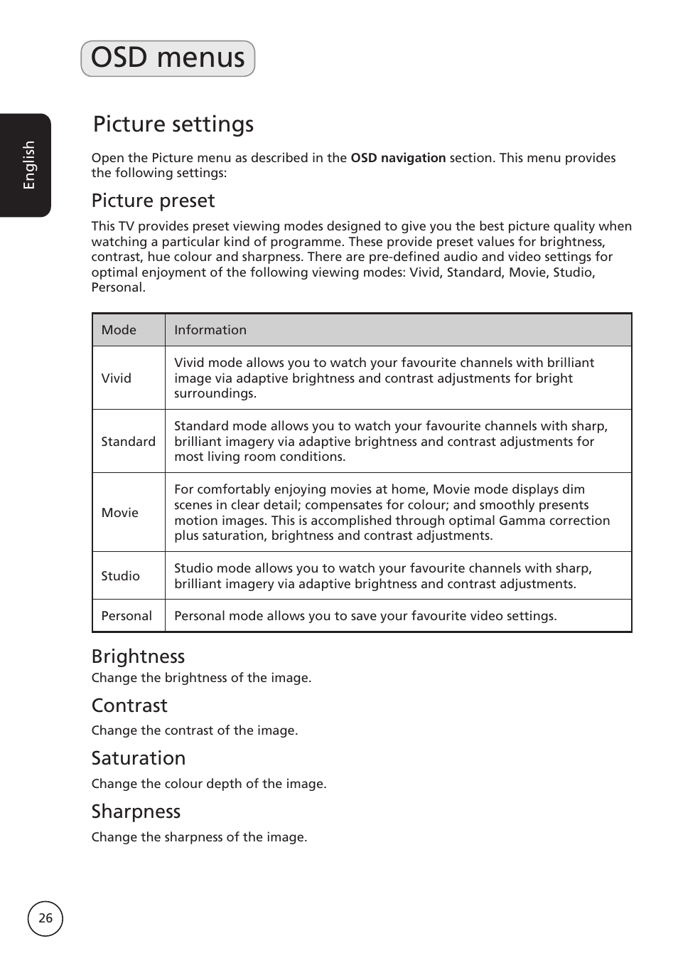 Osd menus, Picture settings, Picture preset | Brightness, Contrast, Saturation, Sharpness | Acer AT2617MF User Manual | Page 26 / 36