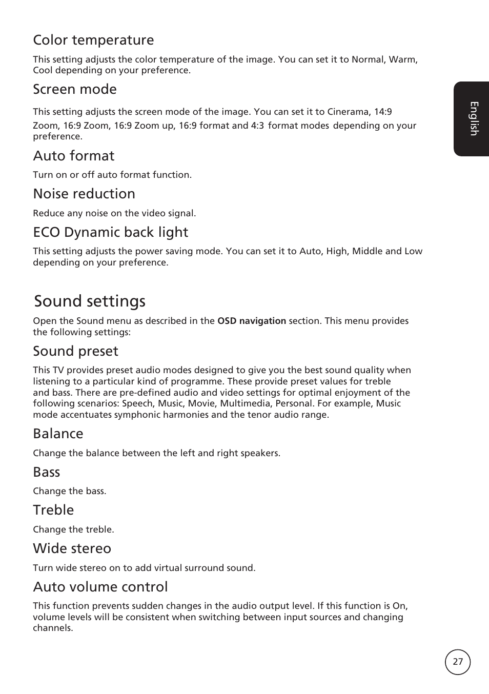 Sound settings, Color temperature, Screen mode | Auto format, Noise reduction, Eco dynamic back light, Sound preset, Balance, Bass, Treble | Acer AT2617MF User Manual | Page 27 / 36