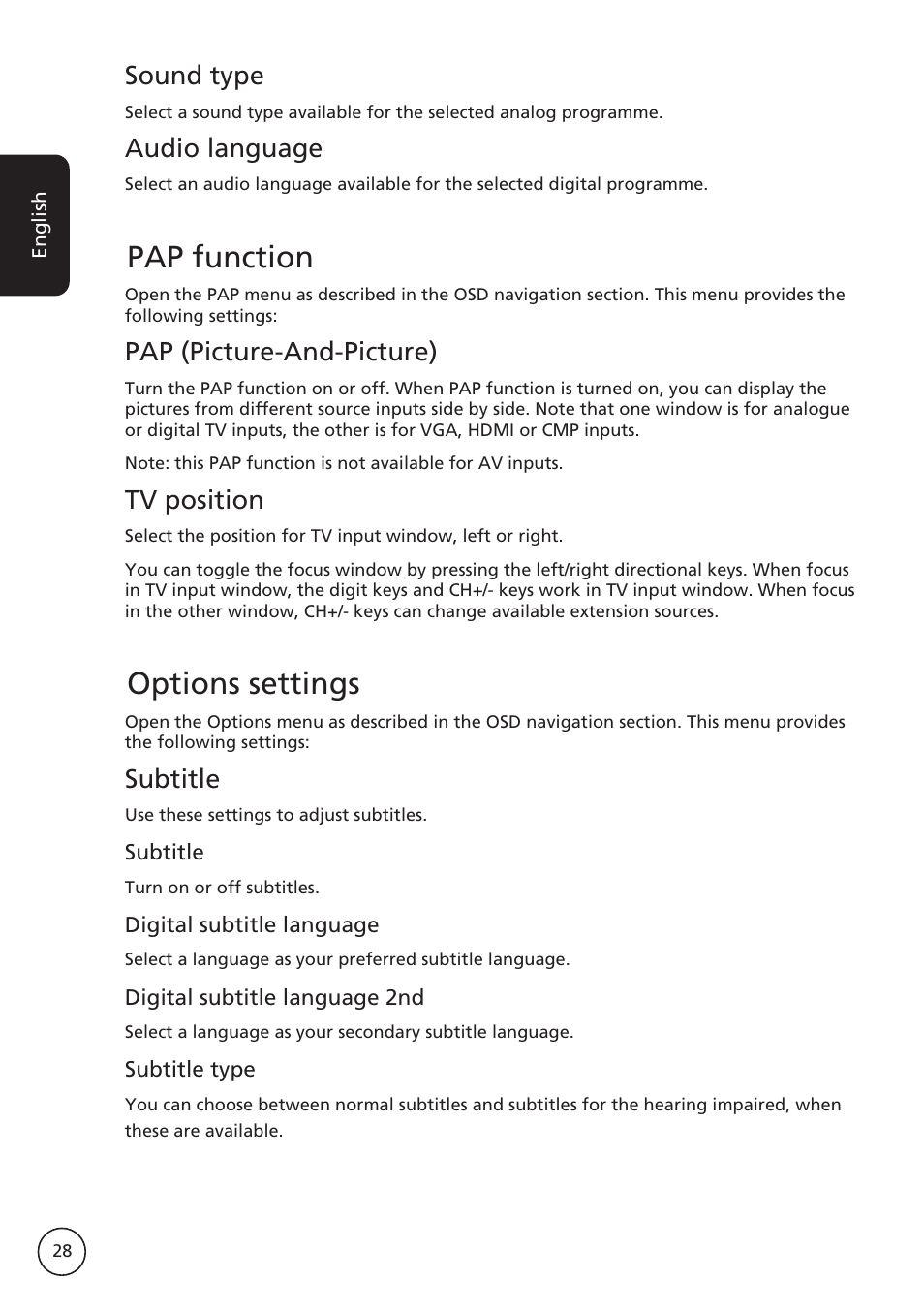 Pap function, Options settings, Sound type | Audio language, Pap (picture-and-picture), Tv position, Subtitle | Acer AT2617MF User Manual | Page 28 / 36