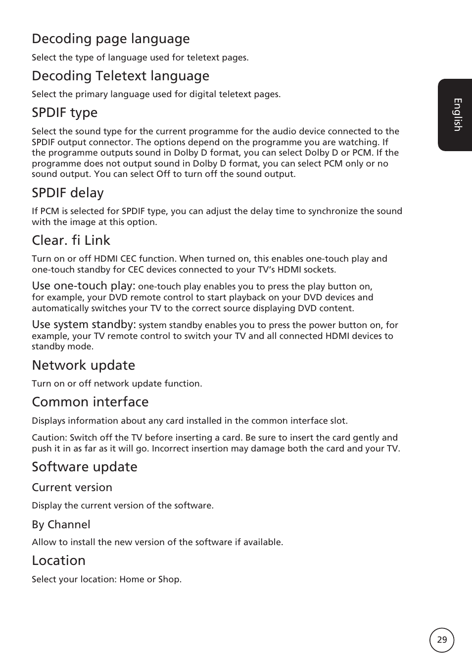 Decoding page language, Decoding teletext language, Spdif type | Spdif delay, Clear. fi link, Network update, Common interface, Software update, Location | Acer AT2617MF User Manual | Page 29 / 36