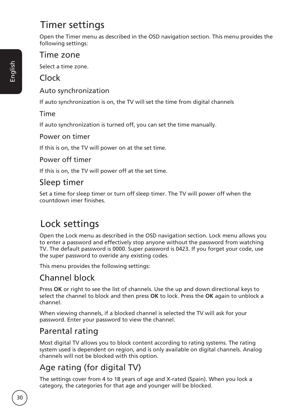 Timer settings, Lock settings, Time zone | Clock, Sleep timer, Channel block, Parental rating, Age rating (for digital tv) | Acer AT2617MF User Manual | Page 30 / 36