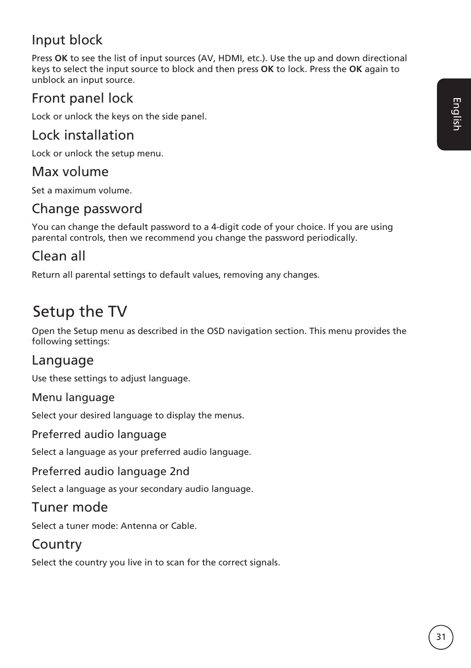 Setup the tv, Input block, Front panel lock | Lock installation, Max volume, Change password, Clean all, Language, Tuner mode, Country | Acer AT2617MF User Manual | Page 31 / 36