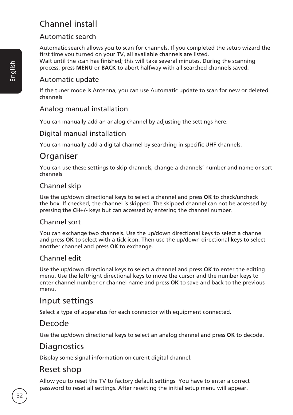 Channel install, Organiser, Input settings | Decode, Diagnostics, Reset shop | Acer AT2617MF User Manual | Page 32 / 36