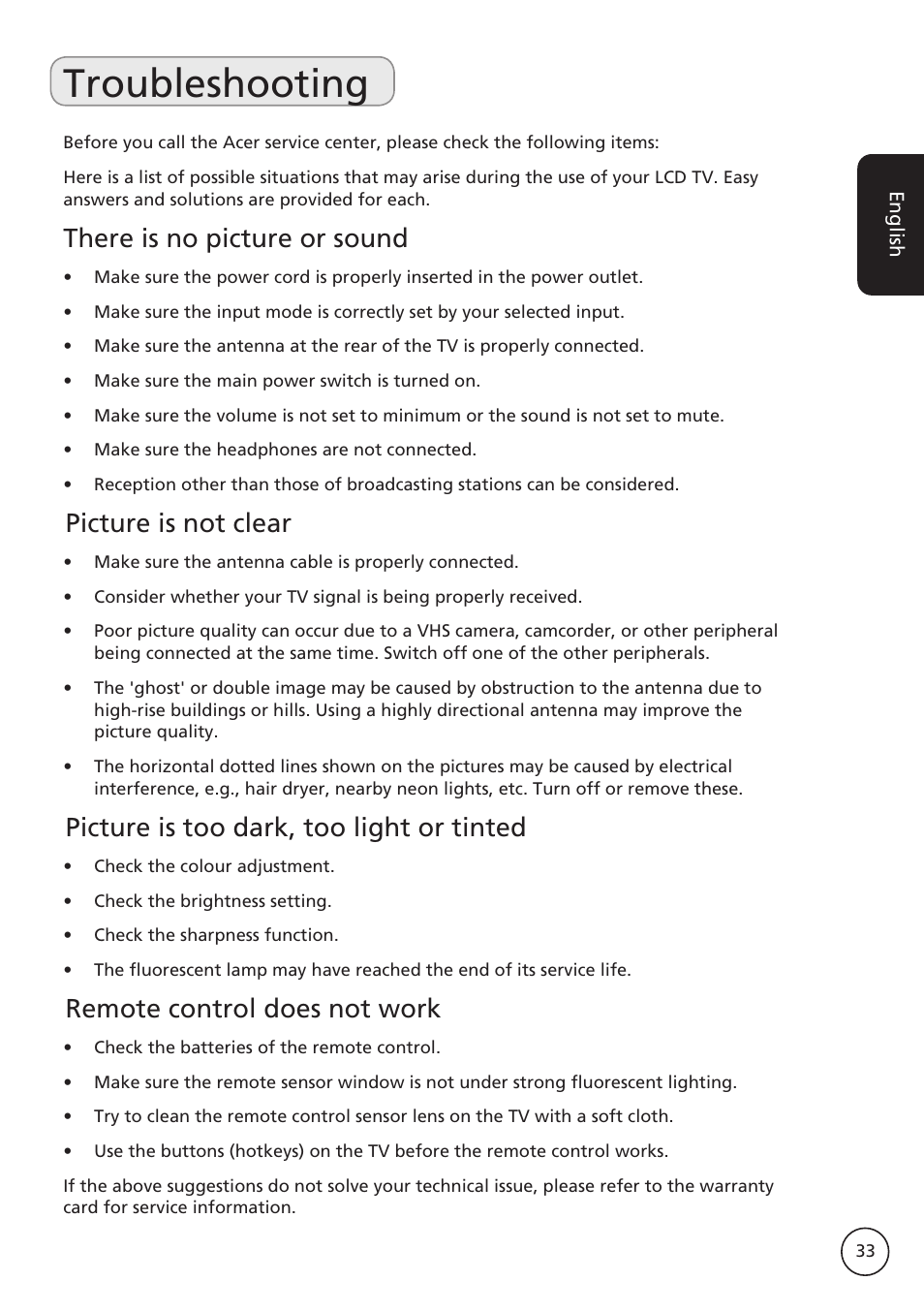 Troubleshooting, There is no picture or sound, Picture is not clear | Picture is too dark, too light or tinted, Remote control does not work | Acer AT2617MF User Manual | Page 33 / 36
