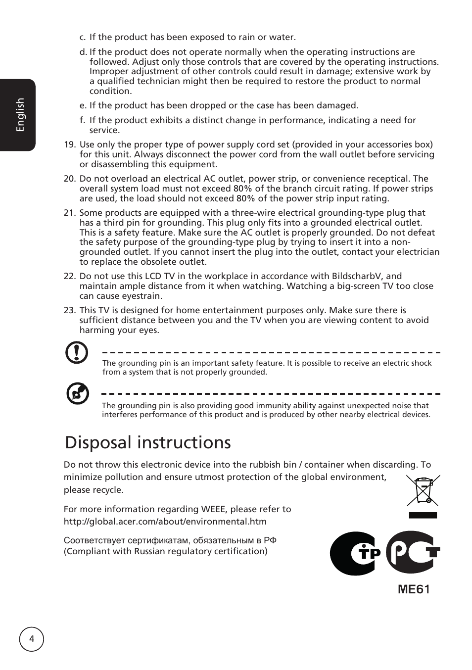 Disposal instructions | Acer AT2617MF User Manual | Page 4 / 36