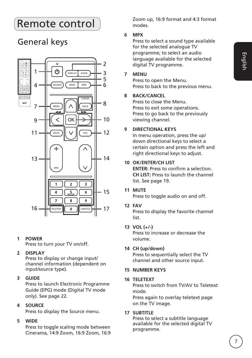 Remote control, General keys | Acer AT2617MF User Manual | Page 7 / 36