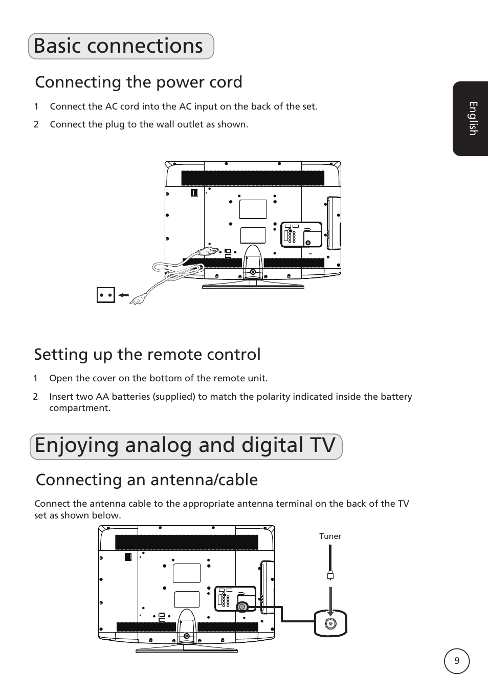 Basic connections enjoying analog and digital tv, Connecting the power cord, Setting up the remote control | Connecting an antenna/cable | Acer AT2617MF User Manual | Page 9 / 36