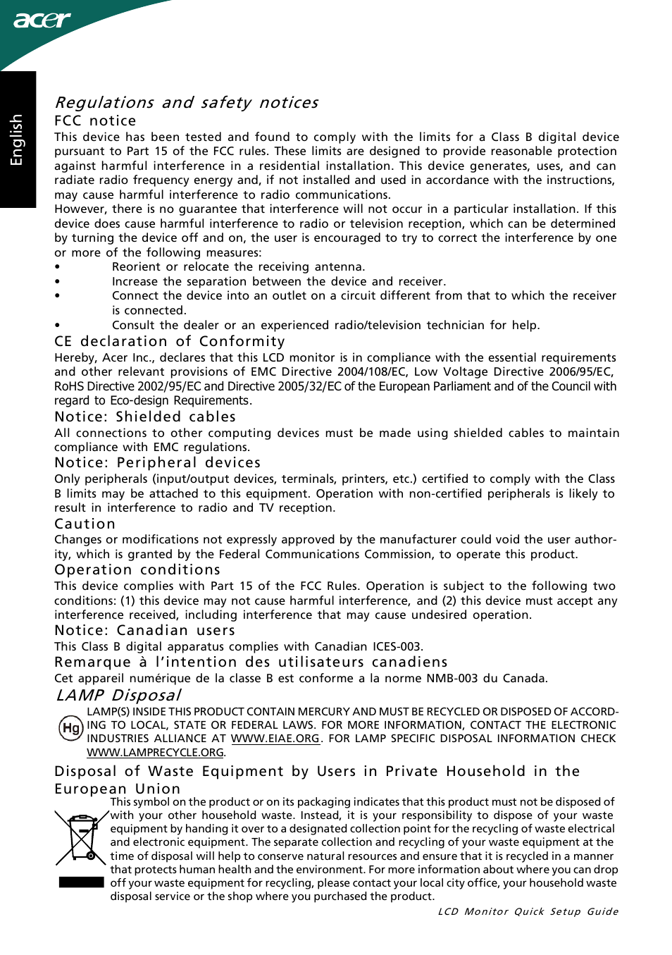 Lamp disposal, Regulations and safety notices, En gl is h | Acer GD235HZ User Manual | Page 2 / 2