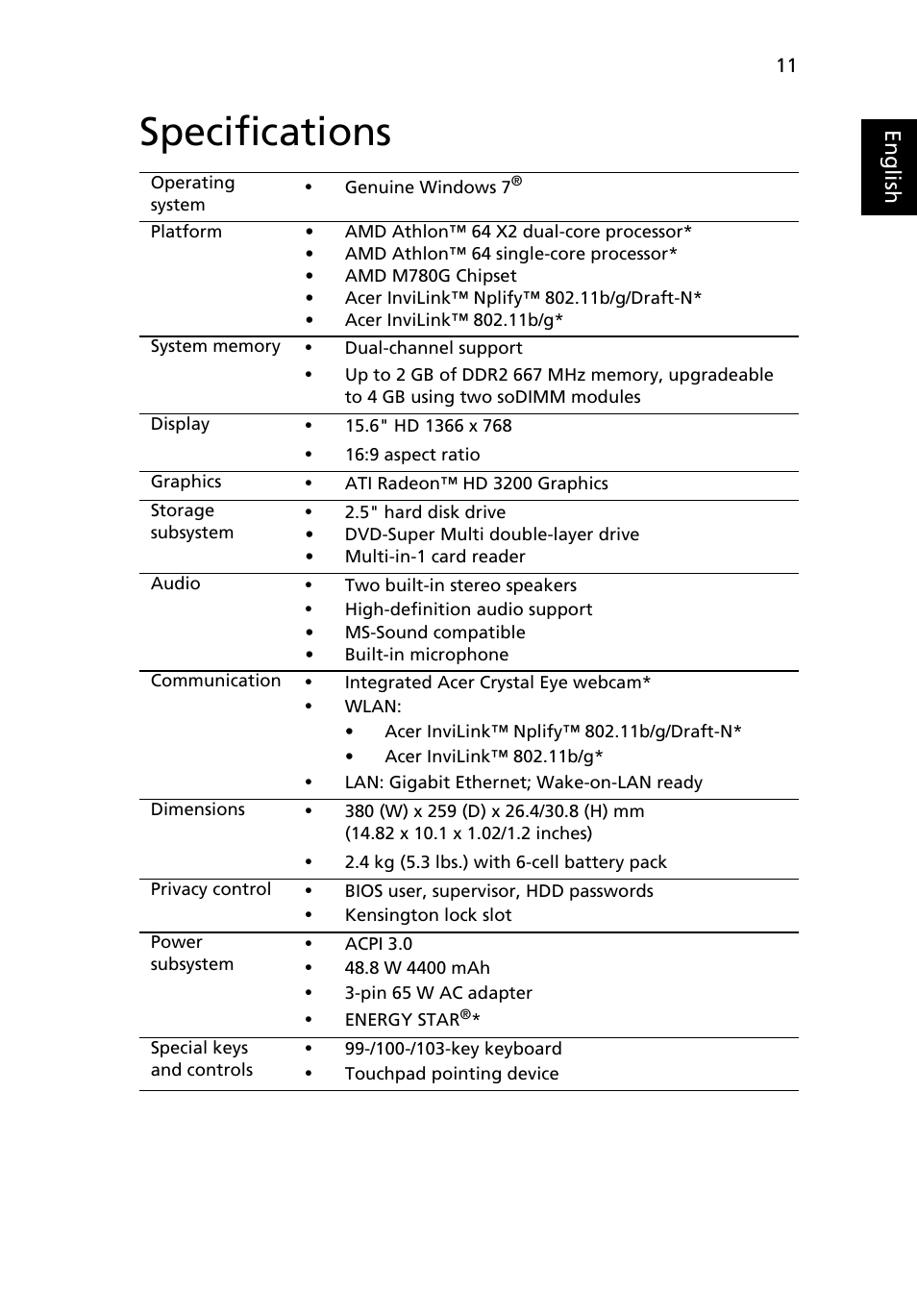 Specifications | Acer Aspire 5534 User Manual | Page 11 / 12