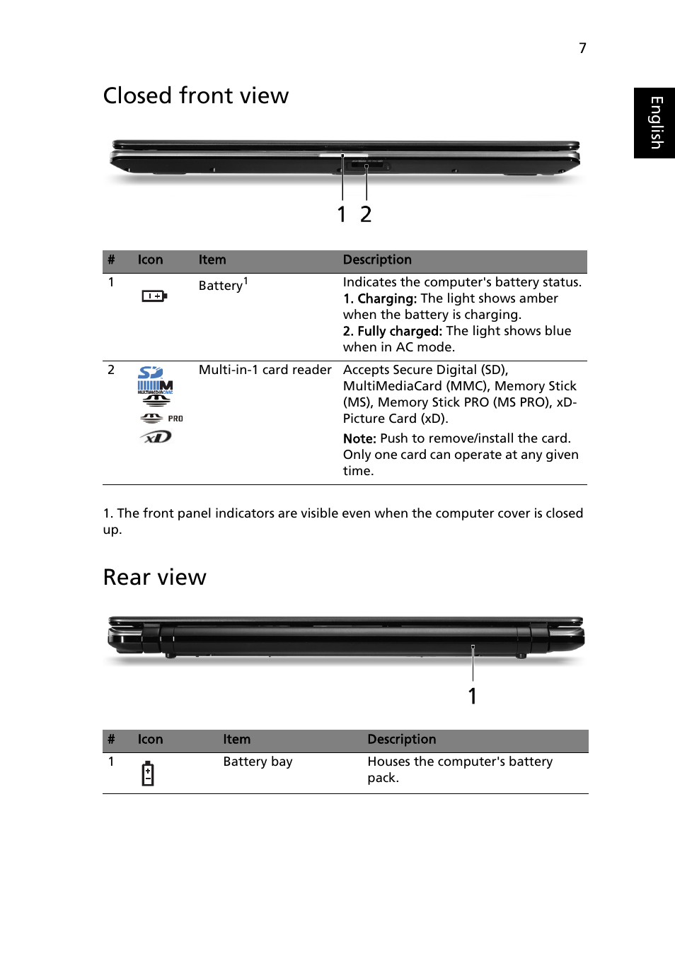 Closed front view, Rear view | Acer Aspire 5534 User Manual | Page 7 / 12