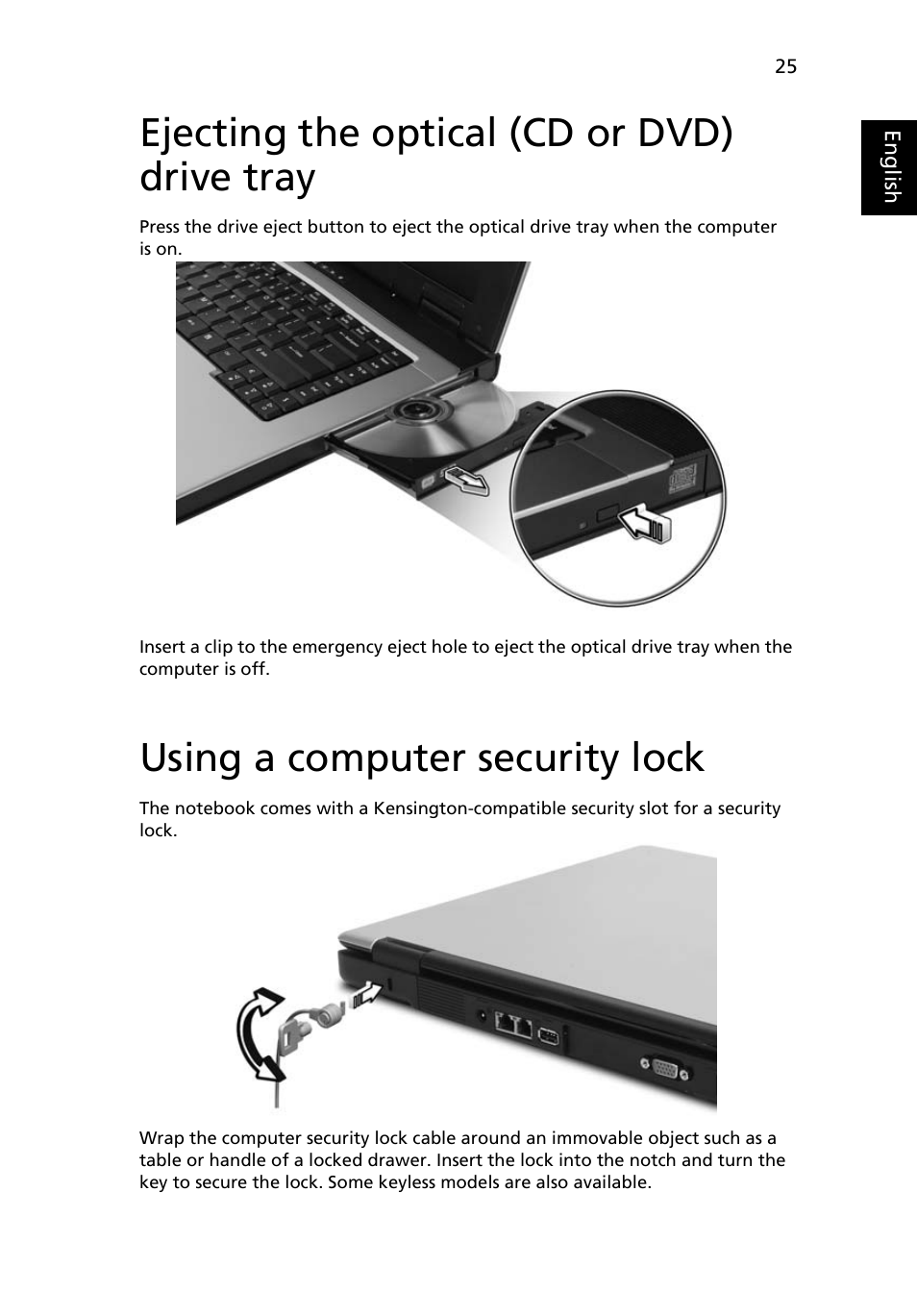 Ejecting the optical (cd or dvd) drive tray, Using a computer security lock | Acer Aspire 5040 User Manual | Page 35 / 82