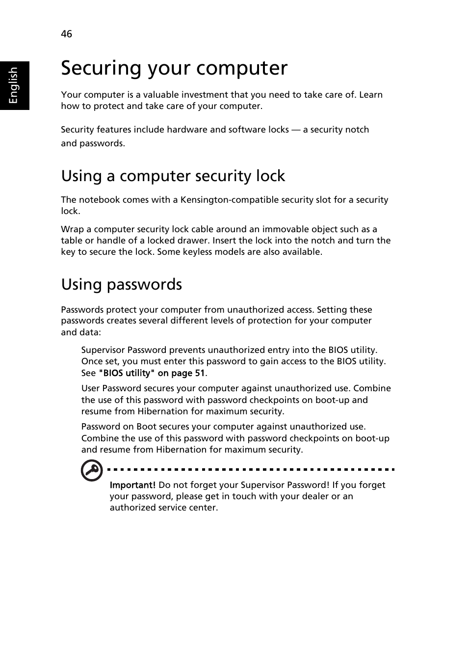 Securing your computer, Using a computer security lock, Using passwords | Acer Aspire 5040 User Manual | Page 56 / 82