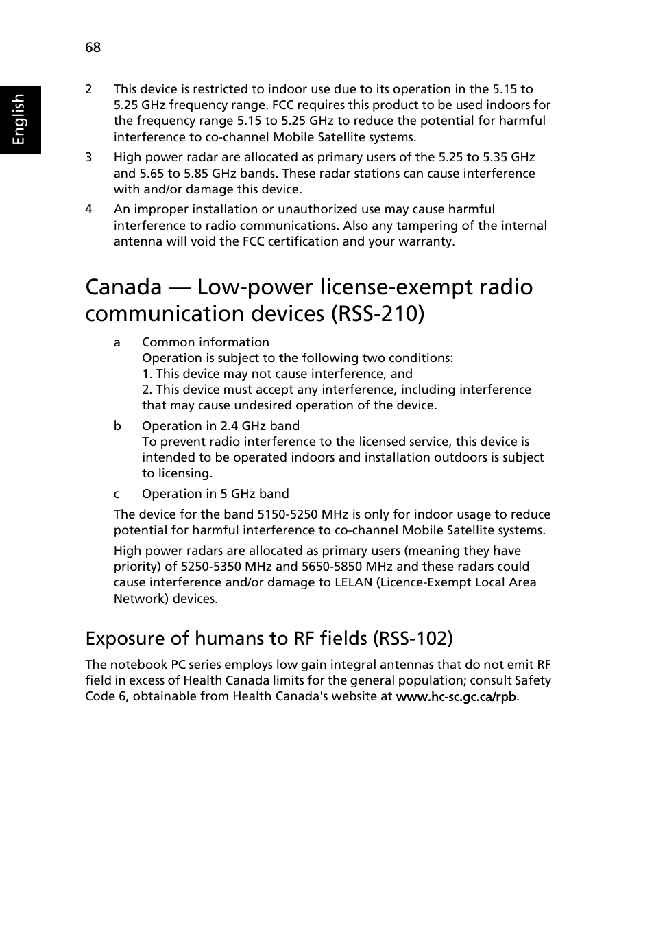 Canada — low-power license-exempt radio, Communication devices (rss-210), Exposure of humans to rf fields (rss-102) | Acer Aspire 5040 User Manual | Page 78 / 82