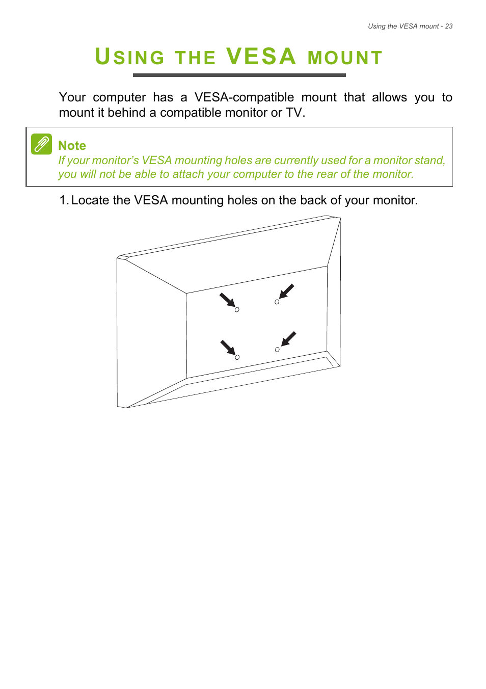 Using the vesa mount, Vesa, Sing | Mount | Acer Veriton N4620G User Manual | Page 23 / 71