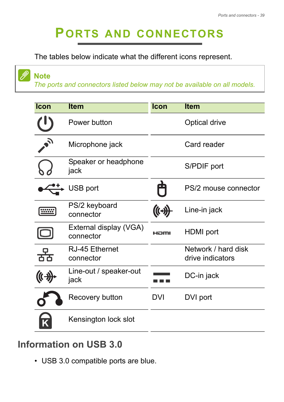 Ports and connectors, Information on usb 3.0, Orts | Connectors | Acer Veriton N4620G User Manual | Page 39 / 71