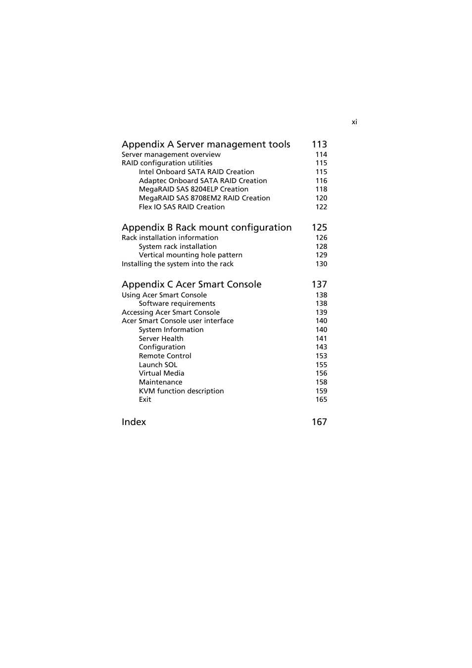 Appendix a server management tools 113, Appendix b rack mount configuration 125, Appendix c acer smart console 137 | Index 167 | Acer AT150 F1 User Manual | Page 11 / 182