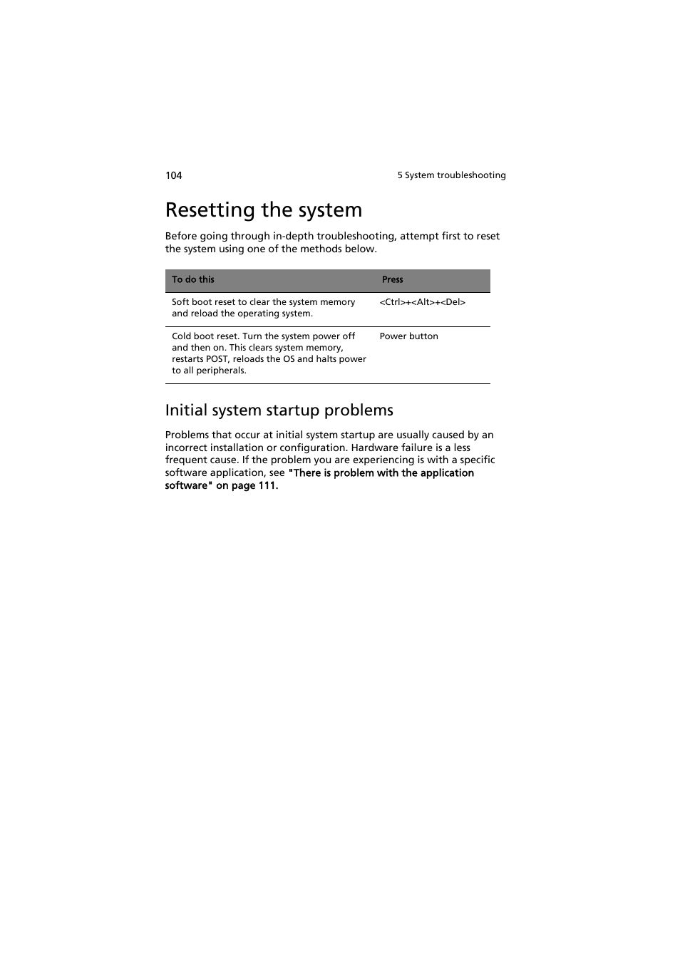 Resetting the system, Initial system startup problems | Acer AT150 F1 User Manual | Page 116 / 182