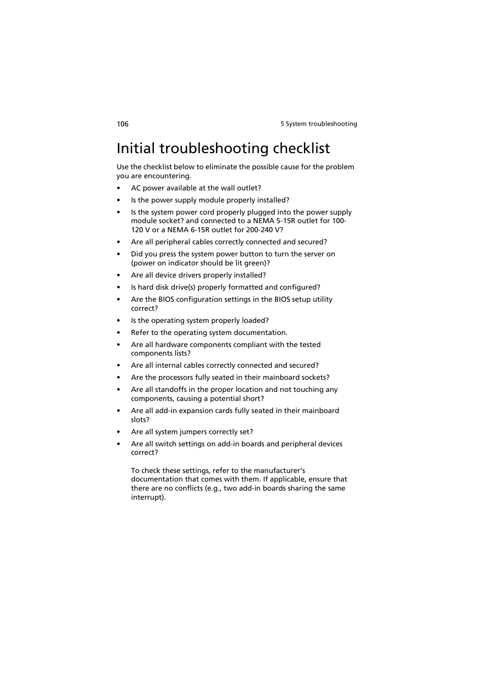 Initial troubleshooting checklist | Acer AT150 F1 User Manual | Page 118 / 182