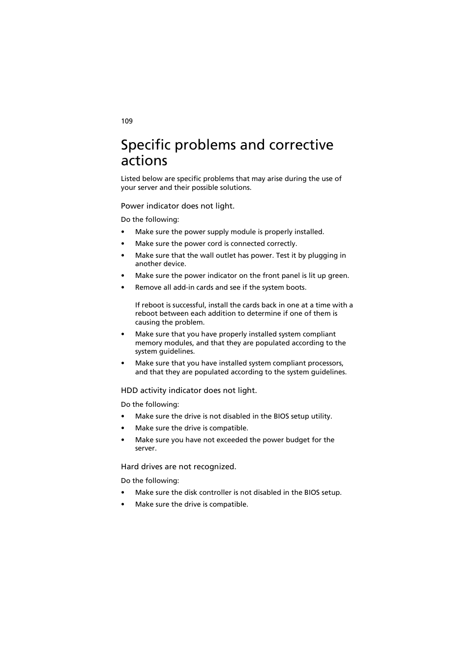 Specific problems and corrective actions | Acer AT150 F1 User Manual | Page 121 / 182