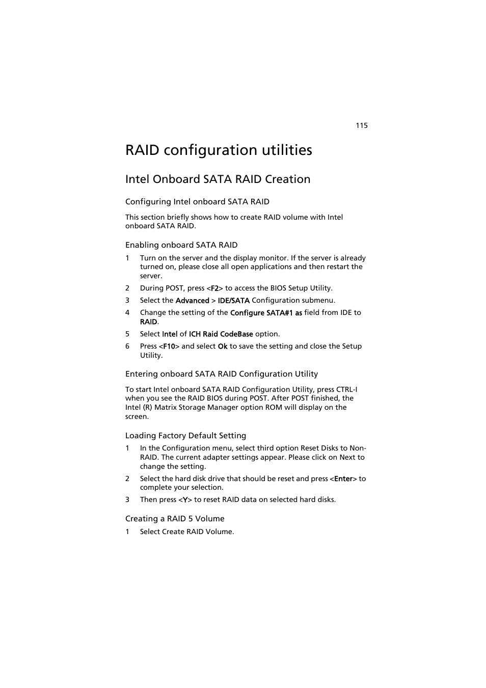 Raid configuration utilities, Intel onboard sata raid creation | Acer AT150 F1 User Manual | Page 127 / 182