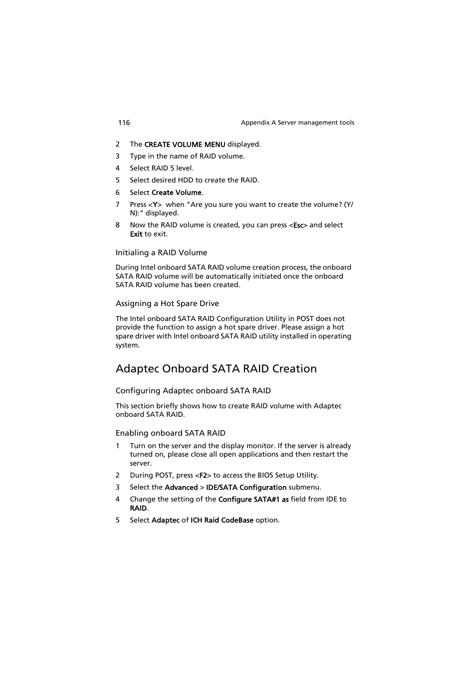 Adaptec onboard sata raid creation | Acer AT150 F1 User Manual | Page 128 / 182