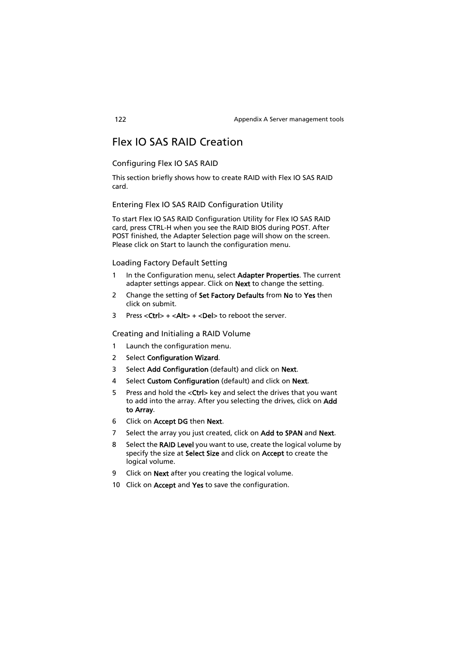 Flex io sas raid creation | Acer AT150 F1 User Manual | Page 134 / 182