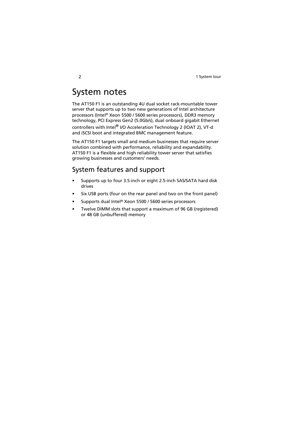 System notes, System features and support | Acer AT150 F1 User Manual | Page 14 / 182