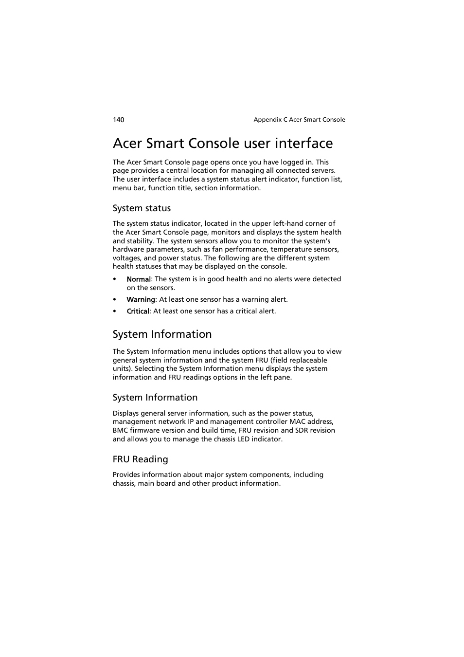 Acer smart console user interface, System information | Acer AT150 F1 User Manual | Page 152 / 182