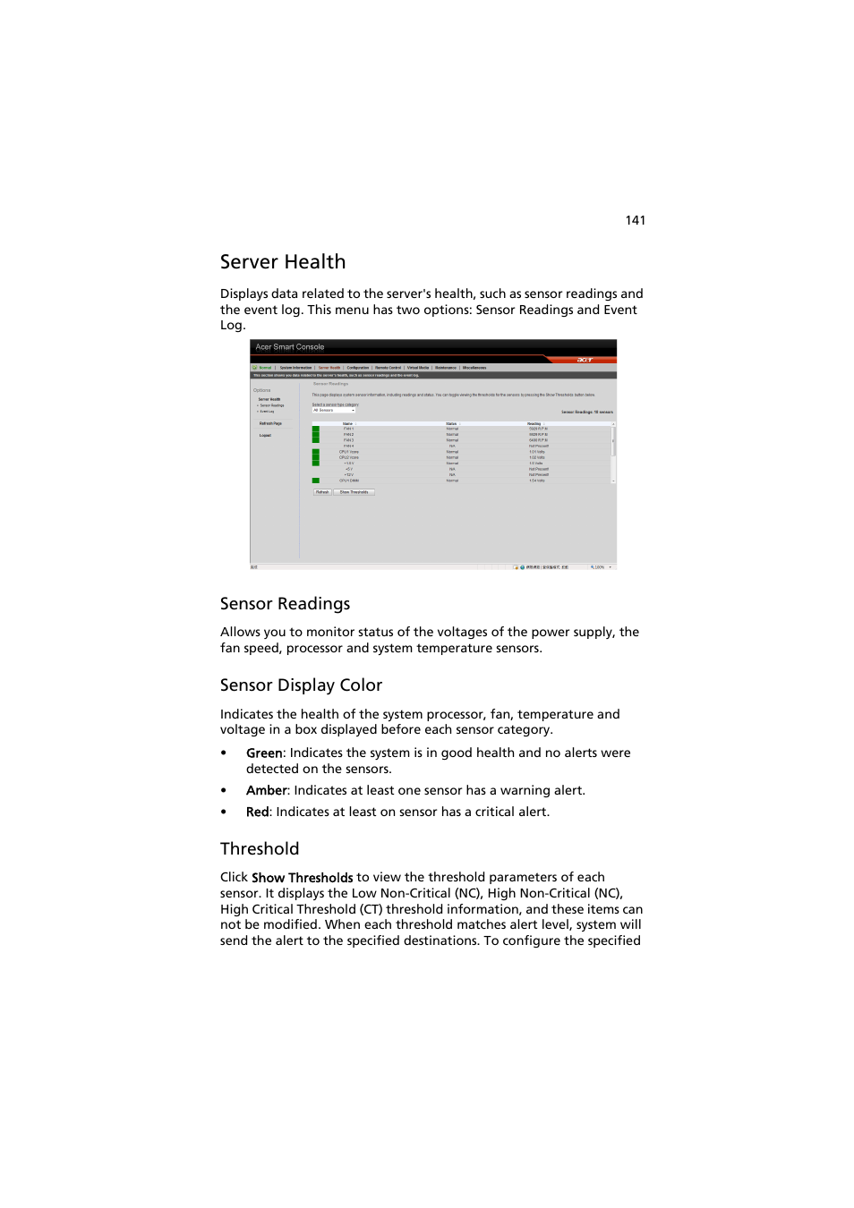 Server health, Sensor readings, Sensor display color | Threshold | Acer AT150 F1 User Manual | Page 153 / 182