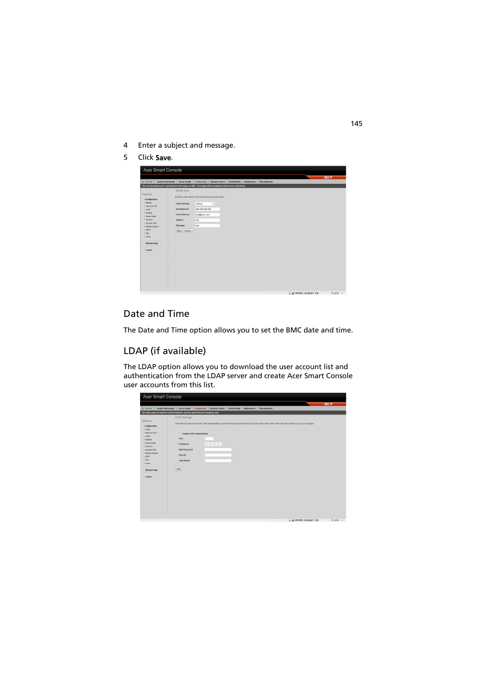 Date and time, Ldap (if available) | Acer AT150 F1 User Manual | Page 157 / 182