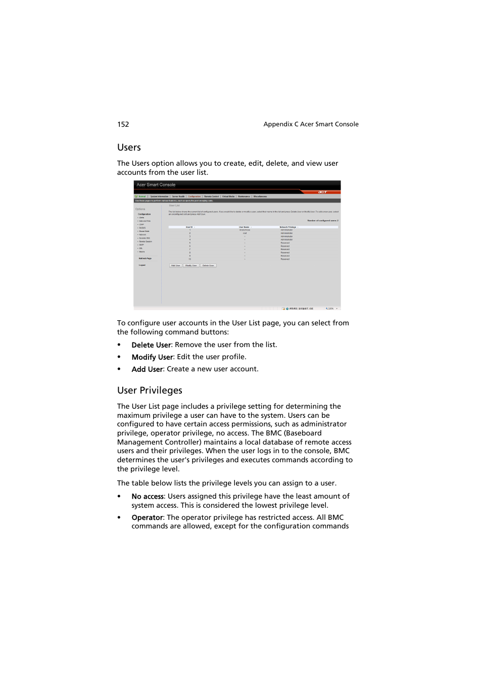 Users, User privileges | Acer AT150 F1 User Manual | Page 164 / 182