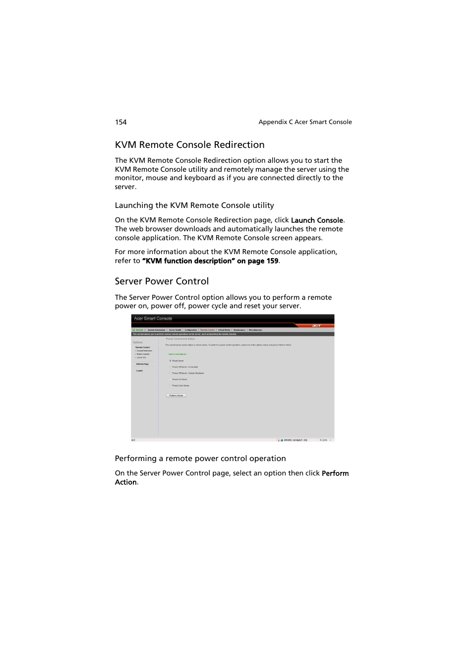 Kvm remote console redirection, Server power control | Acer AT150 F1 User Manual | Page 166 / 182