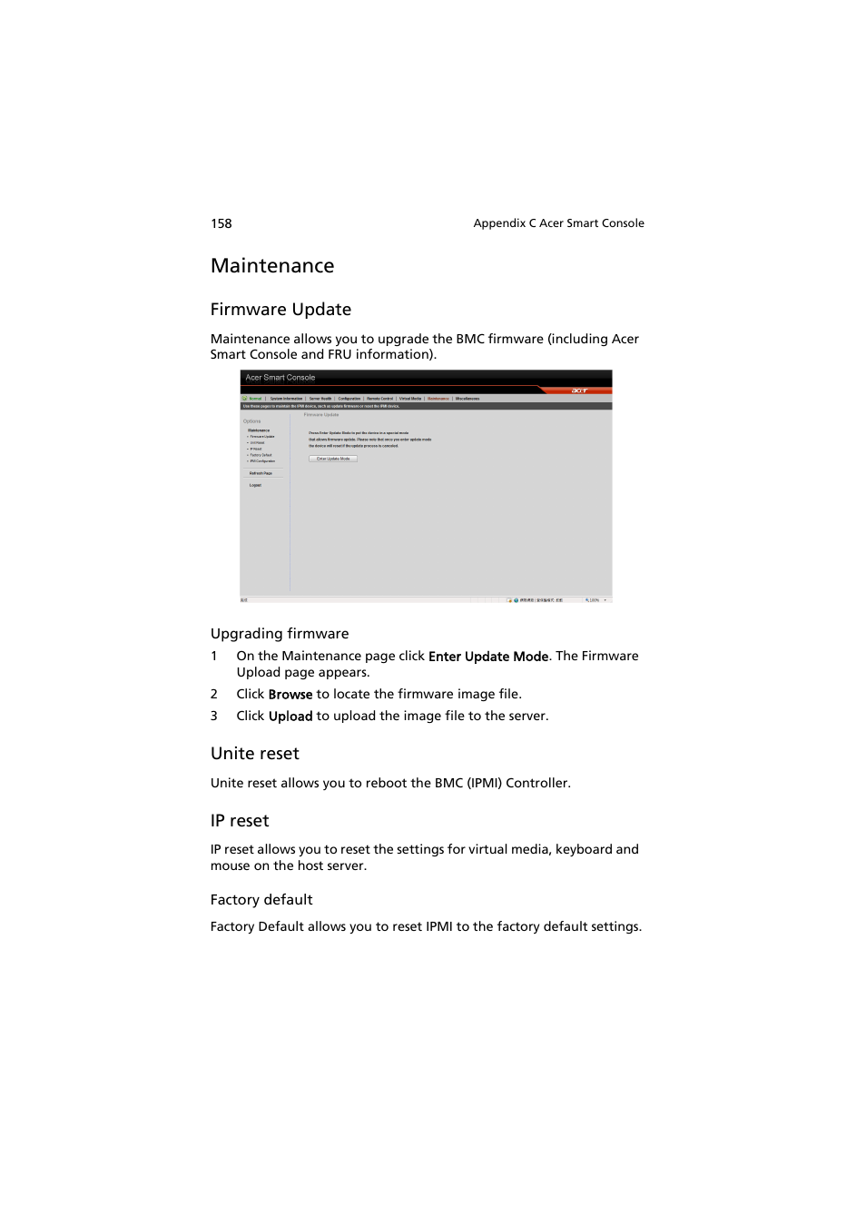 Maintenance, Firmware update, Unite reset | Ip reset | Acer AT150 F1 User Manual | Page 170 / 182