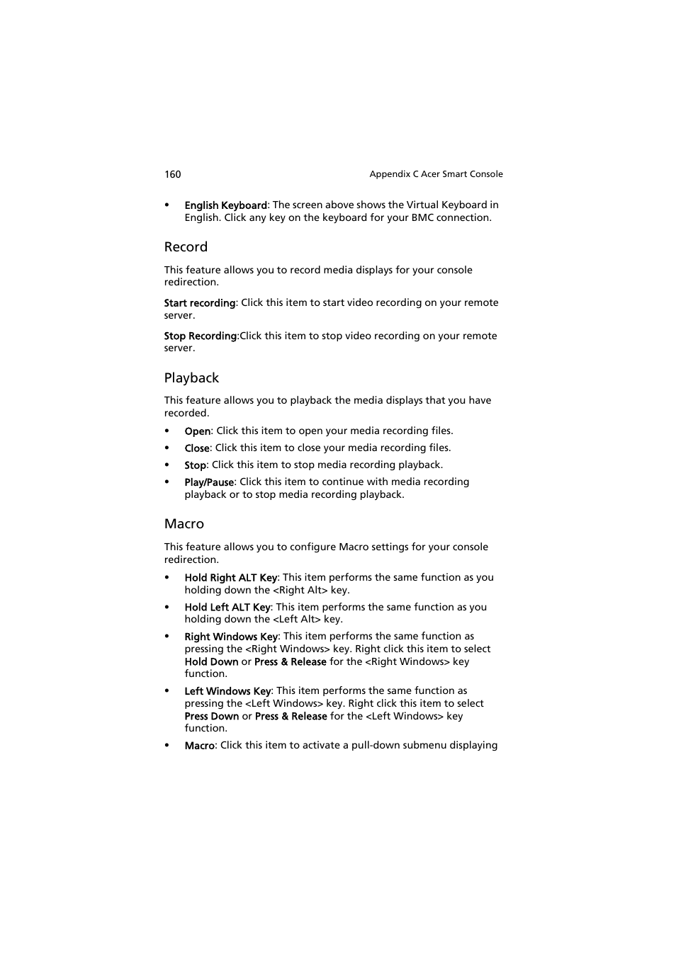 Record, Playback, Macro | Acer AT150 F1 User Manual | Page 172 / 182