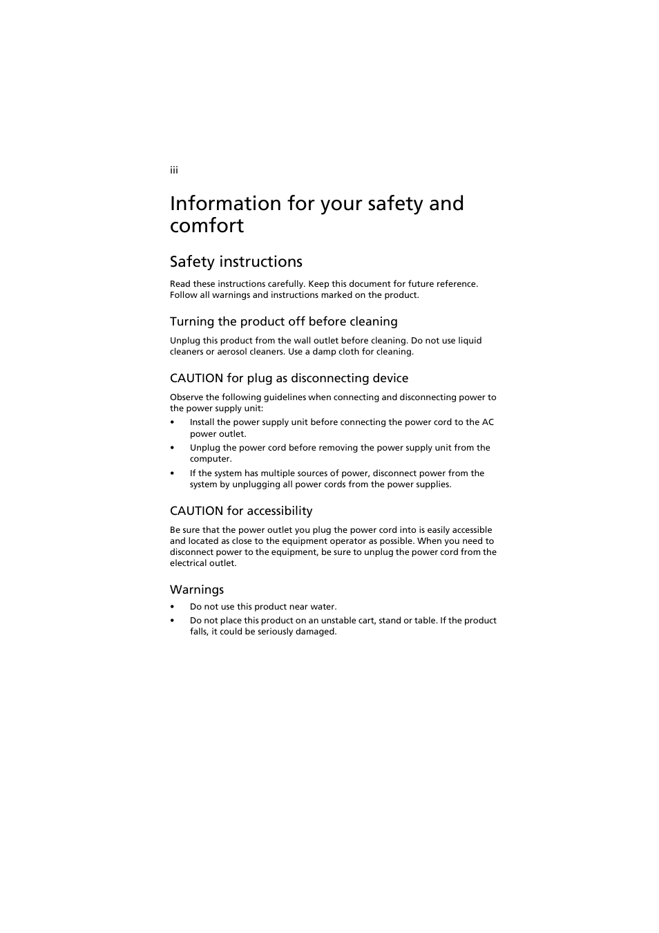 Information for your safety and comfort, Safety instructions | Acer AT150 F1 User Manual | Page 3 / 182