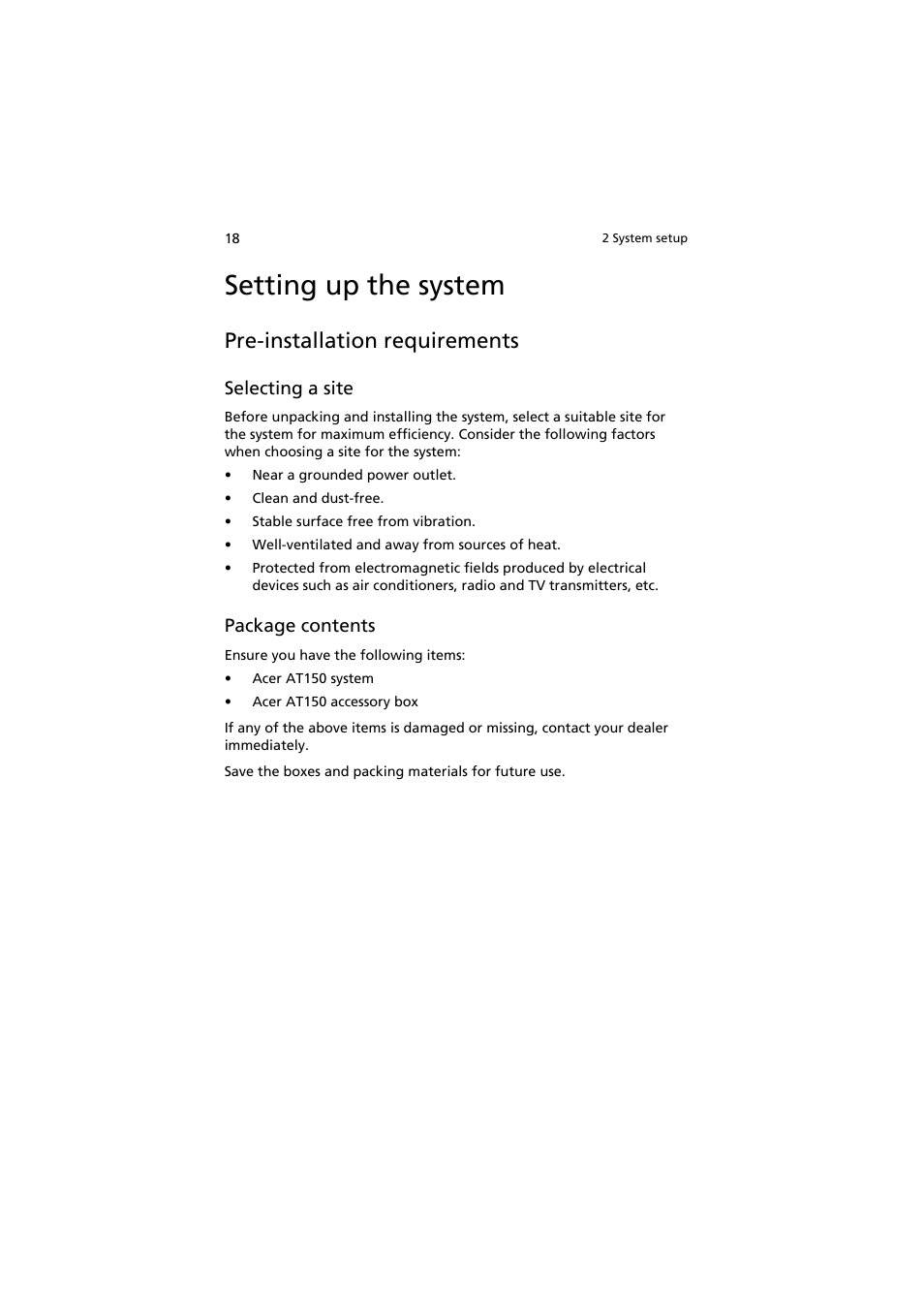 Setting up the system, Pre-installation requirements, Selecting a site | Package contents | Acer AT150 F1 User Manual | Page 30 / 182