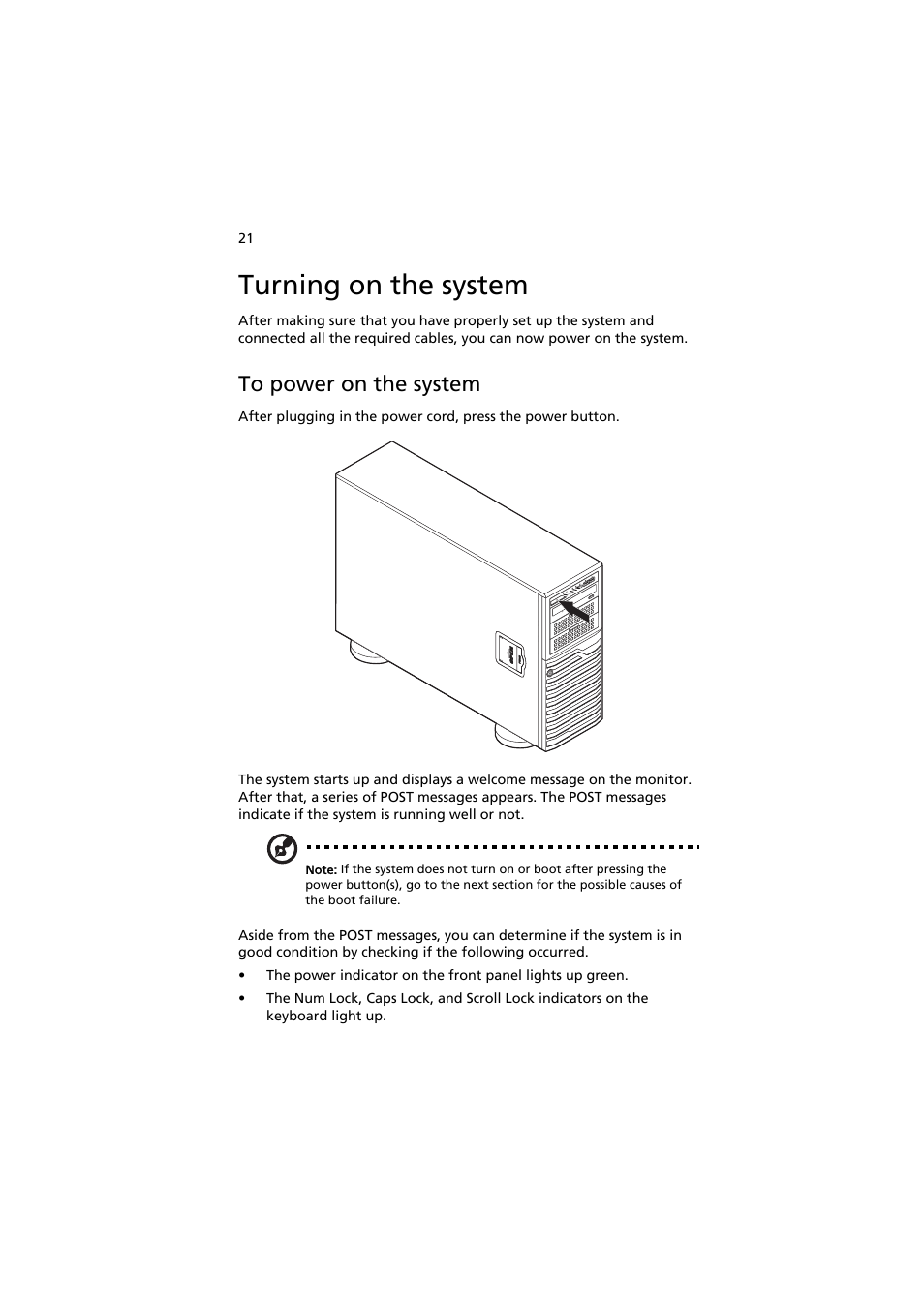 Turning on the system, To power on the system | Acer AT150 F1 User Manual | Page 33 / 182