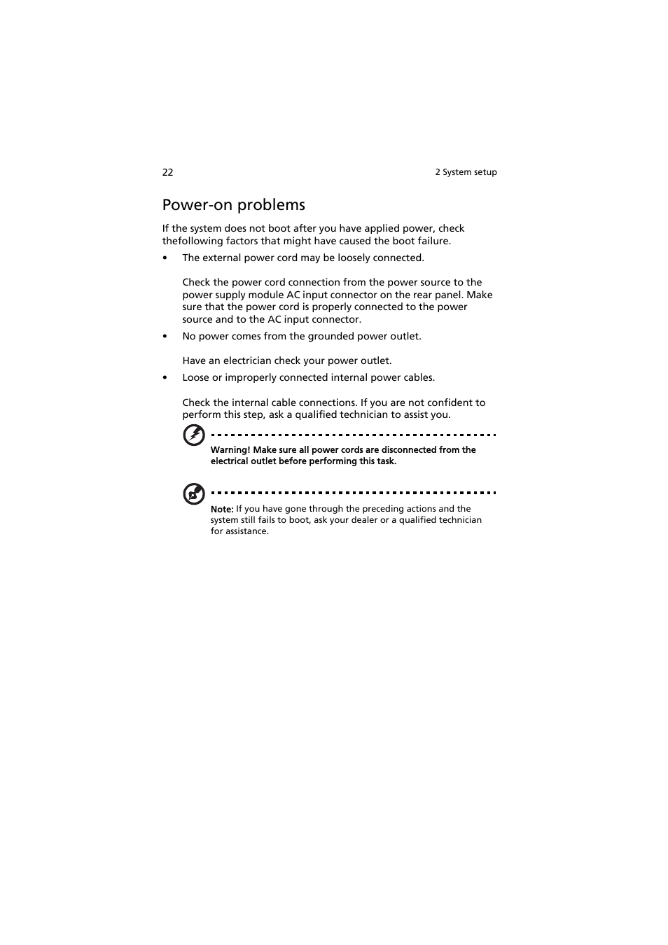 Power-on problems | Acer AT150 F1 User Manual | Page 34 / 182