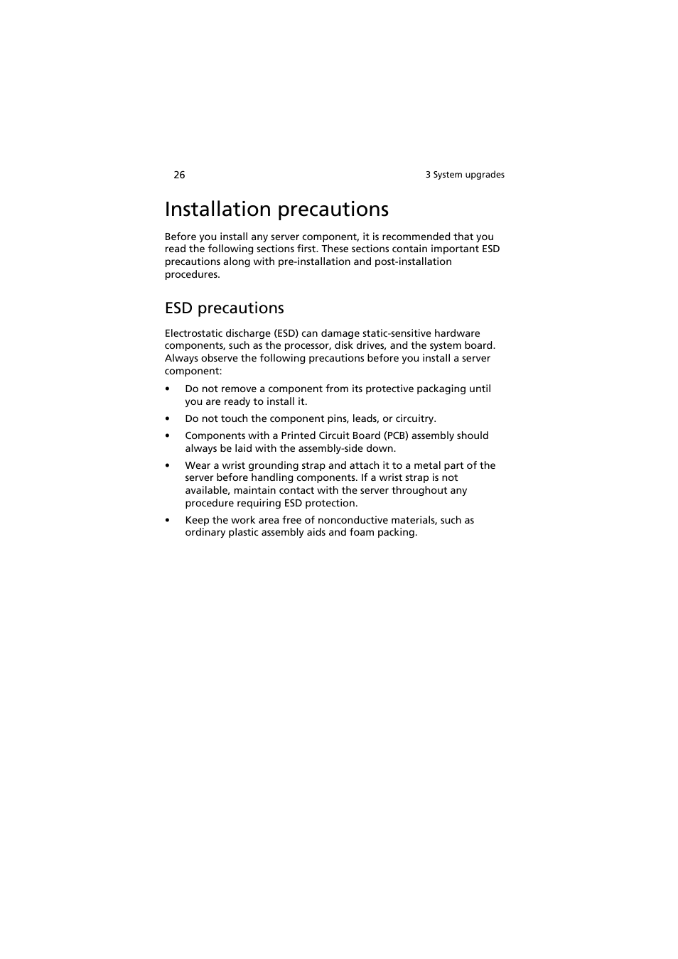 Installation precautions, Esd precautions | Acer AT150 F1 User Manual | Page 38 / 182