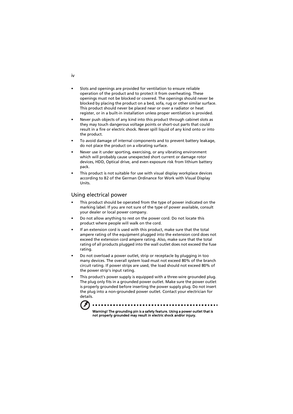 Using electrical power | Acer AT150 F1 User Manual | Page 4 / 182