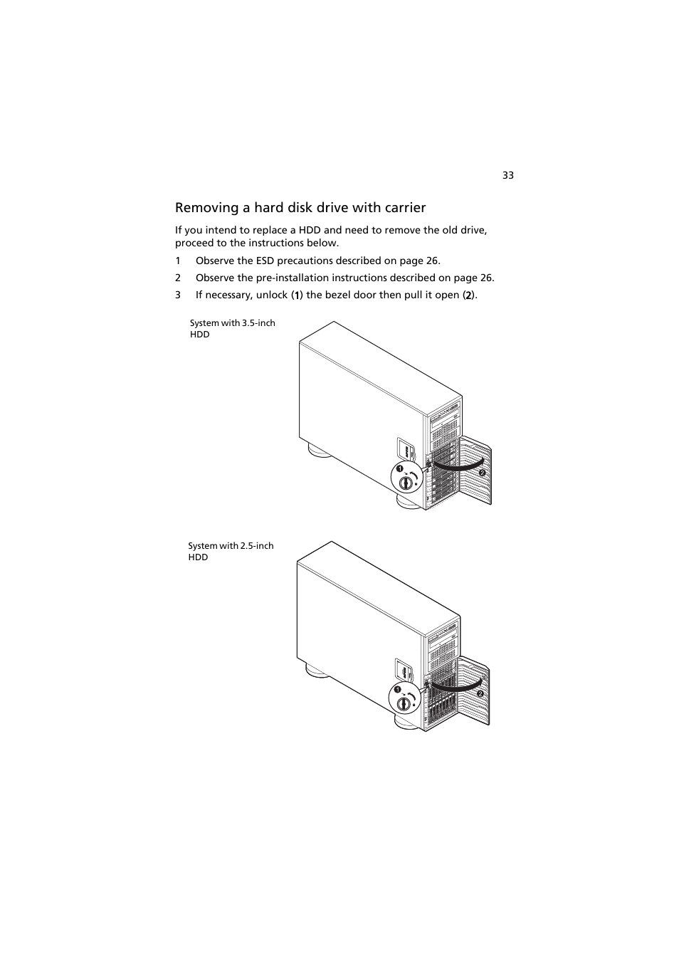 Removing a hard disk drive with carrier | Acer AT150 F1 User Manual | Page 45 / 182