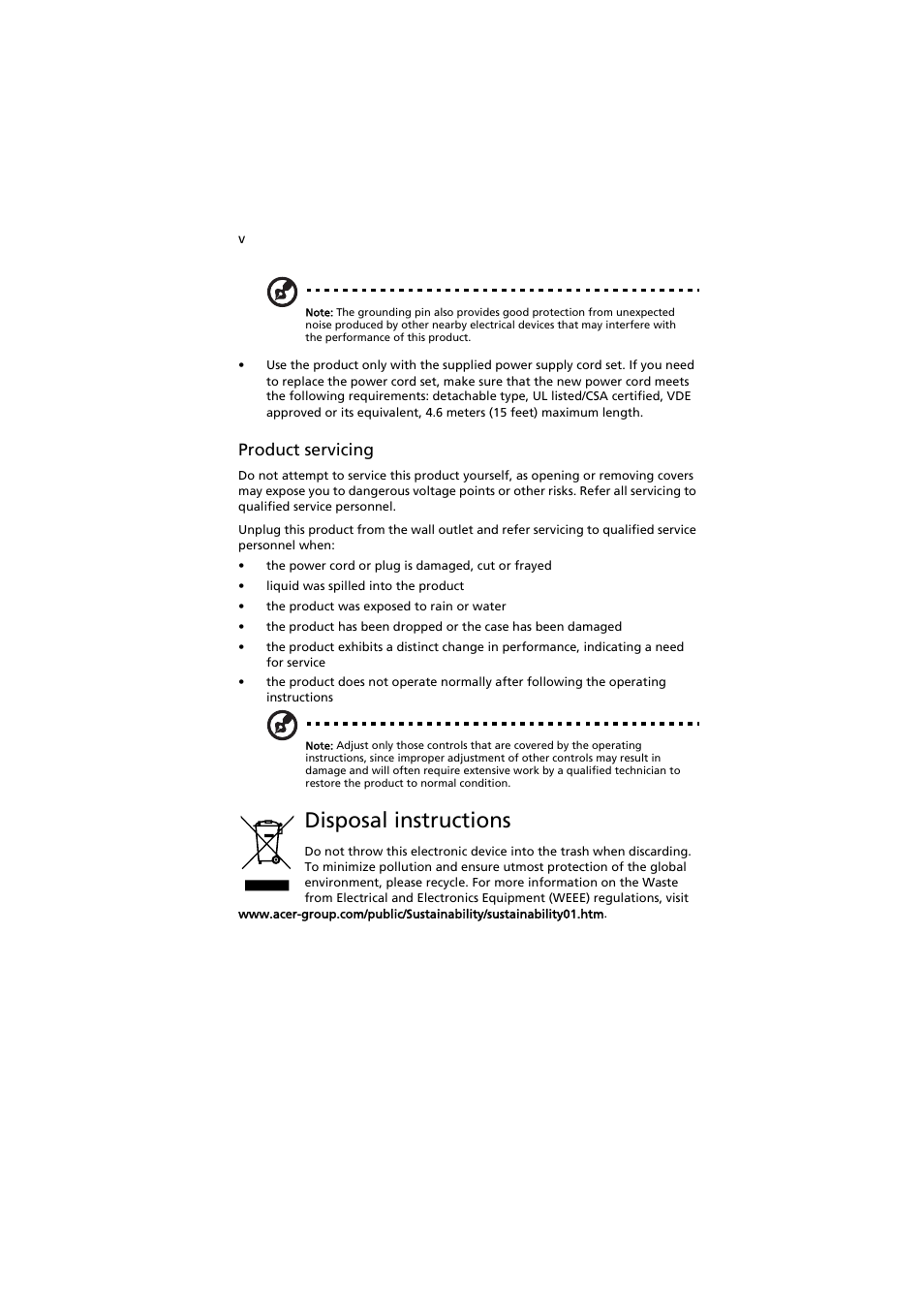 Disposal instructions, Product servicing | Acer AT150 F1 User Manual | Page 5 / 182