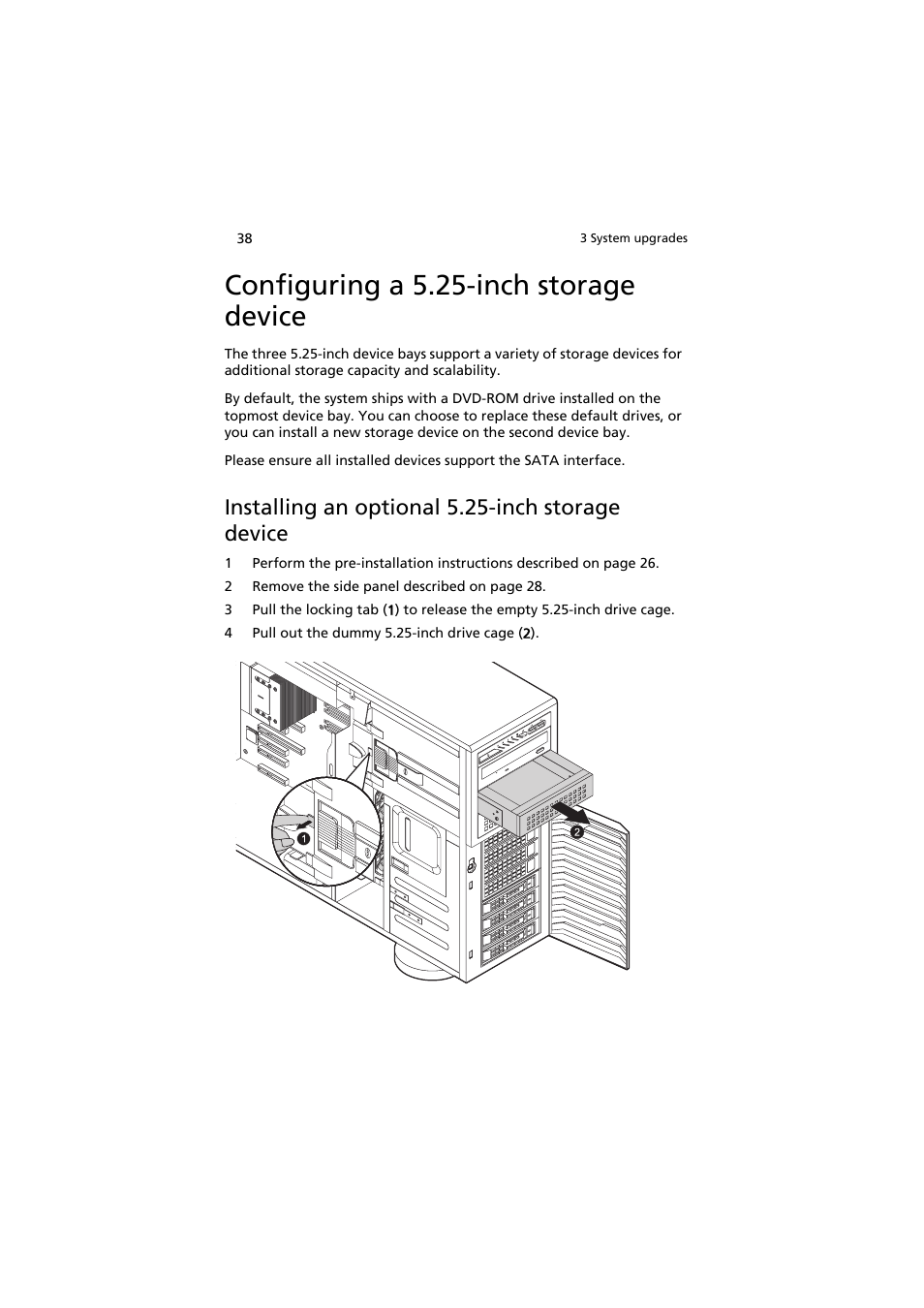 Configuring a 5.25-inch storage device, Installing an optional 5.25-inch storage device | Acer AT150 F1 User Manual | Page 50 / 182